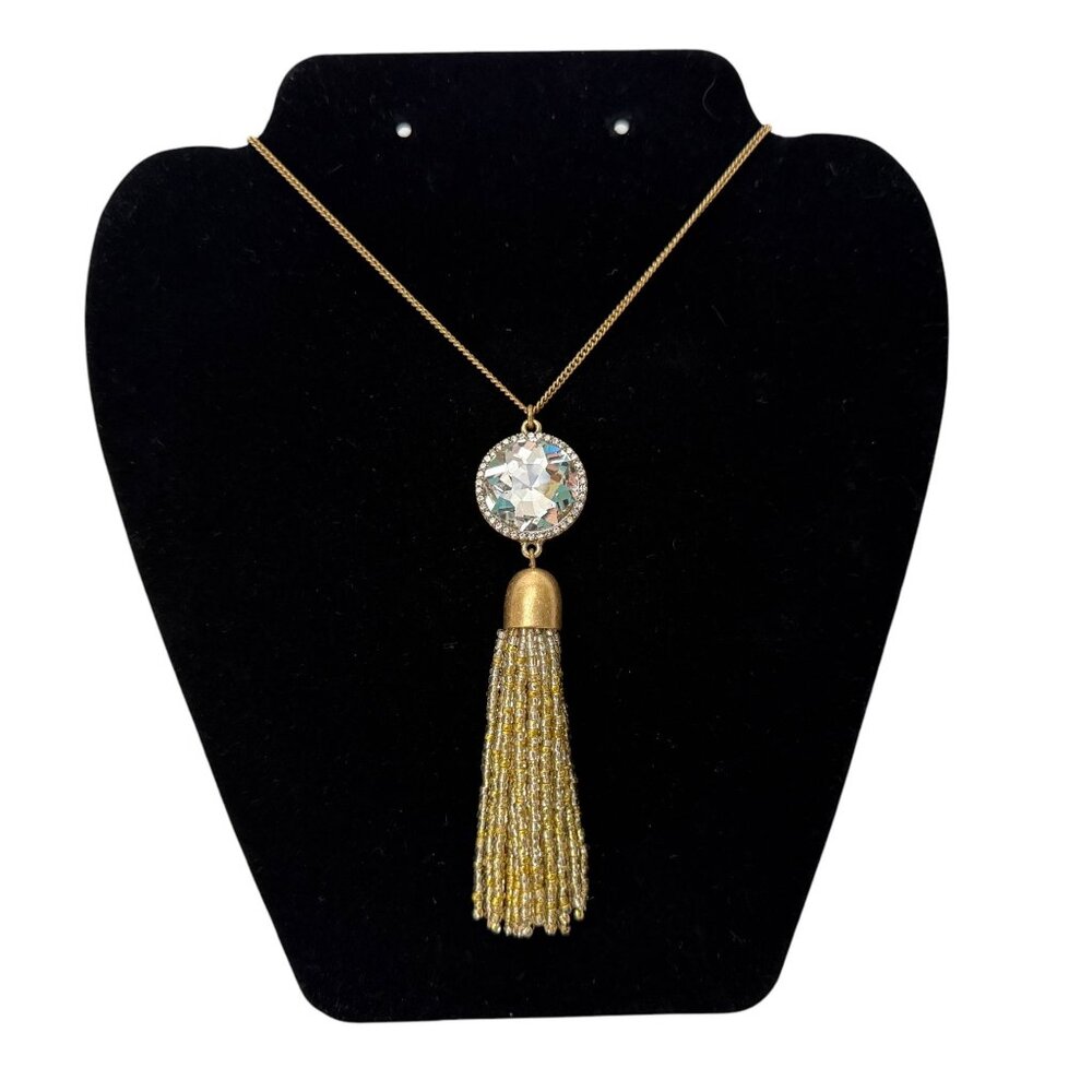 J Crew Gold Rhinestone Pendant Necklace With Beaded Tassel Accent 28-31 inches